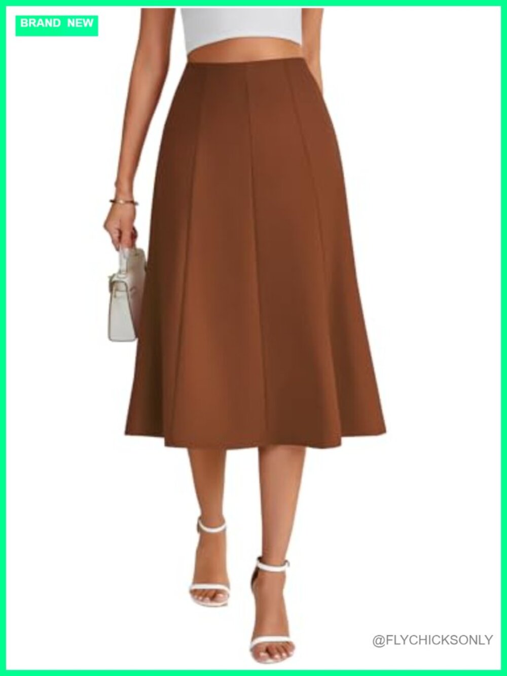 High Waisted Midi Skirt A-Line Flowy Pleated Knee Length Work Skirt